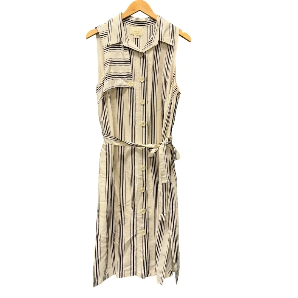 Maeve Esther Shirt Dress Womens 10 Sleeveless Striped Belted Midi Cream Black‎
